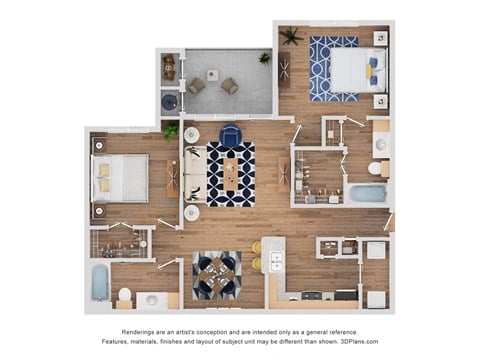 Floor plan for 2 beds, 2 baths, 1055 sqft